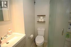 Vanity with an integrated sink and chrome faucet, wall-mounted mirror, white commode, and a curved glass shower enclosure - 