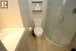 Built-in corner shower with frosted glass enclosure, white vanity with integrated sink, and two wall-mounted shelving units - 