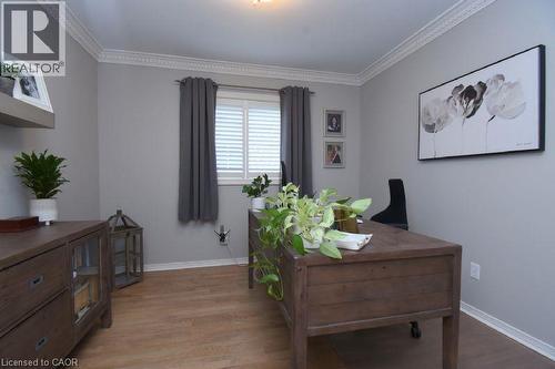 Light gray walls with crown molding, wood-finish flooring, and a window with white shutters - 470 Amanda Crescent, Burlington, ON - Indoor