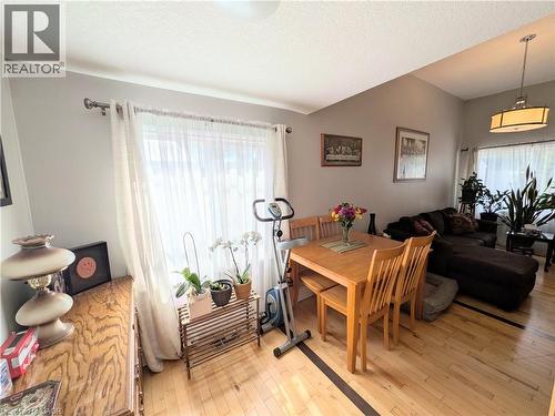 Wood-finish flooring throughout, complemented by a vaulted ceiling and a large window with sheer curtains - 7 Campbell Avenue, Hamilton, ON - Indoor
