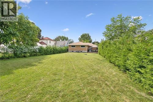 Expansive grassy yard with mature privacy hedges and a rear brick exterior - 49 East Street, Cambridge, ON - Outdoor