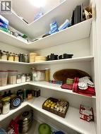 Organized pantry shelving with ample storage capacity featuring multiple built-in shelves, integrated storage containers, and dedicated space for dry goods, canned items, and kitchen essentials - 