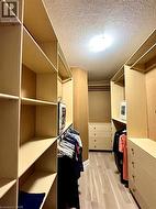 Walk-through closet featuring built-in shelving, hanging rods, integrated drawer storage, and wood-finish flooring - 