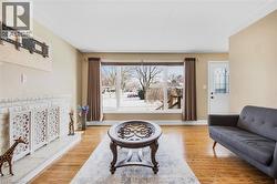 Hardwood flooring, white fireplace with decorative screens, large window with outdoor visibility, white paneled door with leaded glass, white crown molding - 