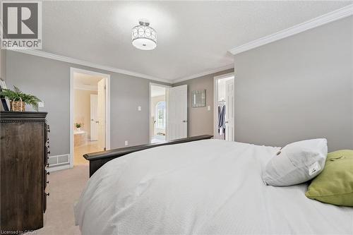 Crown molding with light gray wall paint, flush mount ceiling light fixture, and carpet flooring - 308 Parkvale Drive, Kitchener, ON - Indoor Photo Showing Bedroom