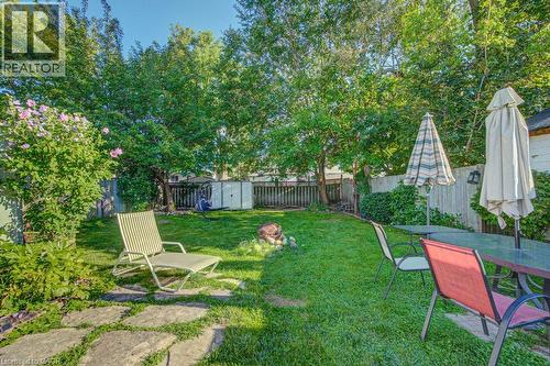 Fenced backyard featuring a manicured lawn, established landscaping, and a flagstone path - 97 Francis Street, Cambridge, ON - Outdoor