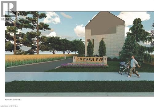 The property features a stone entry monument with landscaping, a paved road, and mature trees in the surrounding landscape - 759 Maple Avenue, Burlington, ON 