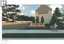 The property features a stone entry monument with landscaping, a paved road, and mature trees in the surrounding landscape - 759 Maple Avenue, Burlington, ON 
