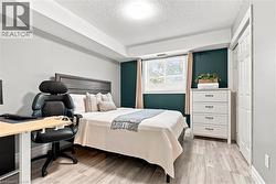 Wood-finish flooring throughout, a dark wood headboard, and a bright window with blinds - 