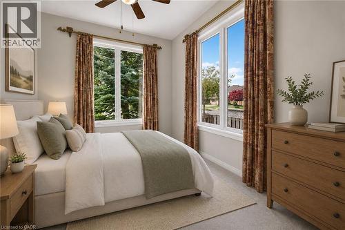 This photo of the bedroom has been virtually stage. This room features two windows and a closet. - 159 Thoroughbred Boulevard, Ancaster, ON 