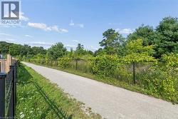 Gravel pathway bordered by a black metal fence and lush greenery - 