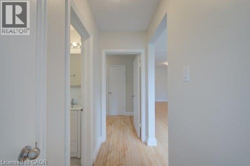 Hallway featuring wood-finish flooring, white walls, and white trim - 141 Chapel Street, Kitchener, ON 