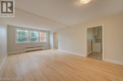 Light wood-finish flooring, white trim, and multiple windows with a radiator below - 
