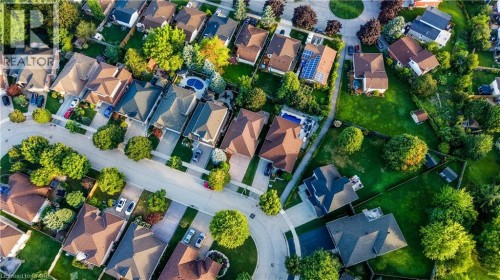 Aerial perspective showcasing a residential community with mature trees, green spaces, and a cul-de-sac street design - 245 Fern Crescent, Waterloo, ON 
