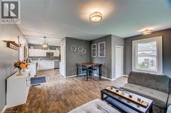 Wood-finish flooring throughout, white kitchen cabinetry, stainless steel dishwasher, and a ceiling-mounted light fixture - 
