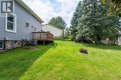 Expansive green lawn with mature evergreen trees, a raised wood deck, and a stone foundation - 