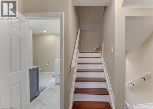 Wood-finish stair treads with white risers and handrails - 104 Mausser Avenue, Kitchener, ON 