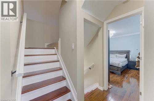 Staircase with wood-finish treads and white risers, featuring a white handrail - 104 Mausser Avenue, Kitchener, ON 