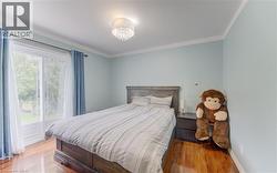 Hardwood flooring, crown molding, double glass doors, and a decorative ceiling light fixture - 