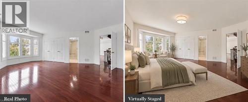 Expansive interior featuring wood-finish flooring, a bright bay window, and white bi-fold closet doors - 1389 Lakeshore Road, Burlington, ON 