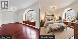 Rich wood-finish flooring, built-in window seat, arched window, and flush mount ceiling light - 