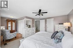 Ceiling fan with integrated lighting, two white panel doors, and neutral wall paint - 