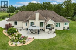 Expansive rear patio area featuring concrete hardscaping, a covered outdoor living space, and an ornamental garden bed with varied plantings - 