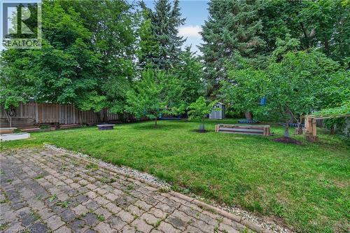 Expansive green space featuring mature trees, a privacy fence, and a paved patio area - 114 Shuh Avenue, Kitchener, ON 