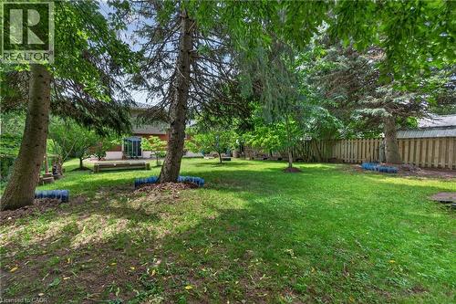 Expansive green lawn surrounded by mature trees, featuring a light wood privacy fence and a built-in outdoor bench - 114 Shuh Avenue, Kitchener, ON 