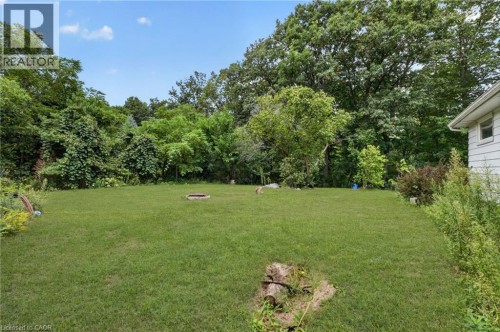 Expansive lawn area with a fire pit, bordered by mature trees and varied foliage - 121 Panin Road, Burlington, ON 