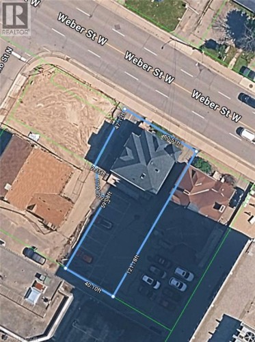 Aerial Map with Property Outline. Displaying the boundaries and dimensions of the property including surrounding streets and structures - 17 Weber Street W, Kitchener, ON 