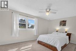 Neutral tone wall color, window with white trim, ceiling fan light fixture, and carpeted flooring - 