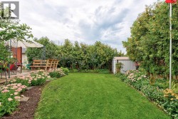 Expansive lawn with surrounding garden beds, mature trees, a metal storage shed, and a paved patio area - 