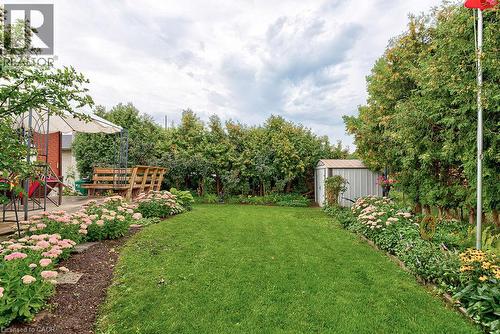 Expansive lawn with surrounding garden beds, mature trees, a metal storage shed, and a paved patio area - 210 Shelley Drive, Kitchener, ON 