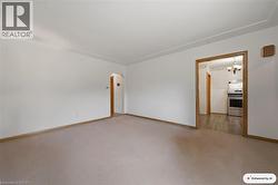 Spacious room featuring carpeting, white walls, and wood trim - 