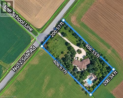 Property Survey. Aerial representation of the property boundaries and dimensions - 5200 No 2 Side Road, Milton, ON 