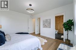 Contemporary ceiling light fixture, light wood-finish flooring, white walls, white trim, and a white interior door - 