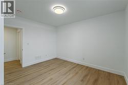 Wood-finish flooring, white walls, and a contemporary ceiling light fixture - 