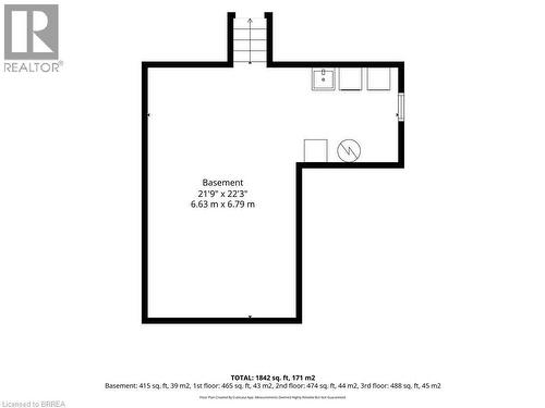 Floor plan of the basement showing the laundry and mechanics - 42 Buchanan Crescent, Brantford, ON 