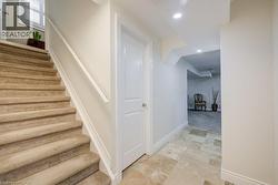 Carpeted staircase with white handrail and baseboards - 