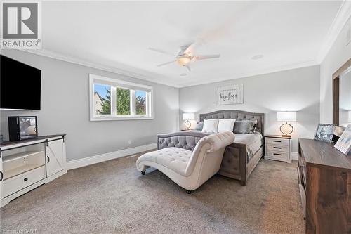 Recessed lighting, crown molding, ceiling fan, carpet flooring, and white trim - 2312 Ridgeview Court, Burlington, ON - Indoor Photo Showing Bedroom
