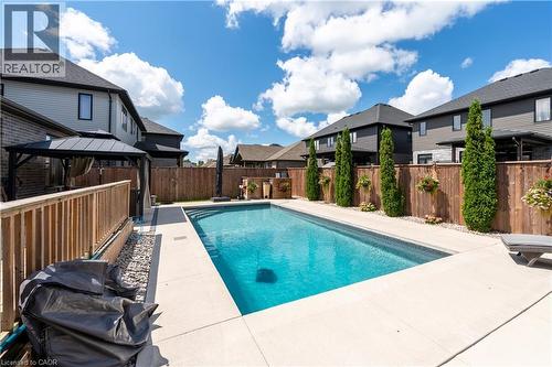 In-ground swimming pool with integrated steps, surrounded by concrete decking and bordered by a wood fence with mature evergreen plantings - 1061 Eagletrace Drive Unit# 174, London, ON - Outdoor With In Ground Pool With Deck Patio Veranda