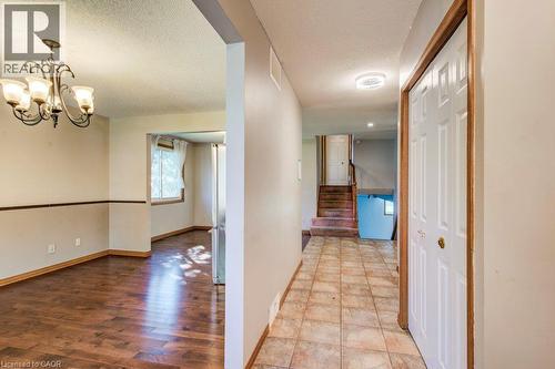 Tile flooring, wood-finish flooring, staircase with wood risers, interior lighting fixtures, and a bi-fold door - 3 Cora Drive, Kitchener, ON - Indoor Photo Showing Other Room