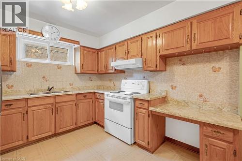 Wood-finish cabinetry paired with a coordinated backsplash and countertops - 2535 Privet Crescent, Mississauga, ON - Indoor Photo Showing Kitchen With Double Sink