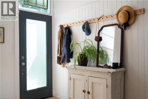 Full-light entry door with frosted glass and transom window - 29 Steven Street, Hamilton, ON 