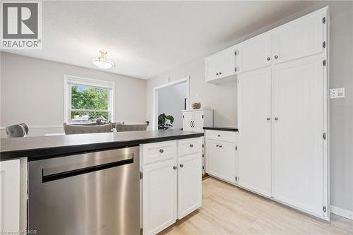 Kitchen featuring white cabinetry, dark countertops, wood-finish flooring, and a stainless steel dishwasher - 21 Colebrook Court, Kitchener, ON 