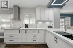 White cabinetry, stainless steel range hood, stone countertops, integrated sink, and dark wood-finish flooring - 
