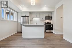Kitchen featuring an island, light-toned cabinetry, stainless steel appliances, and wood-finish flooring - 