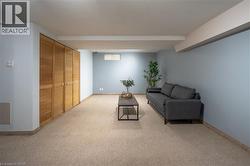 Light-colored carpeting with matching base trim, light blue wall paint, and natural wood louvered bifold closet doors - 