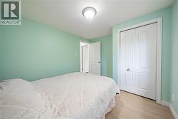 Light wood-finish flooring, white bi-fold closet doors, and a flush mount ceiling light fixture - 